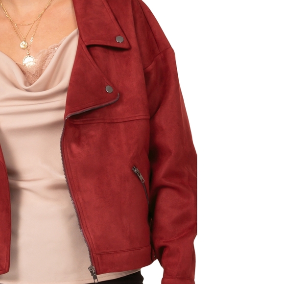 Chic Faux Suede Burgundy Moto Jacket - Picture 4 of 7